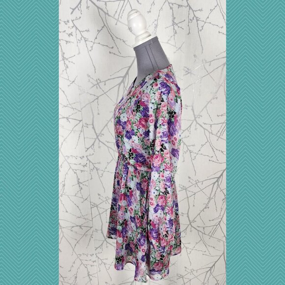 WAYF Pink Colorful Floral Chiffon Overlay Round Neck Mini Dress - Picture 2 of 5